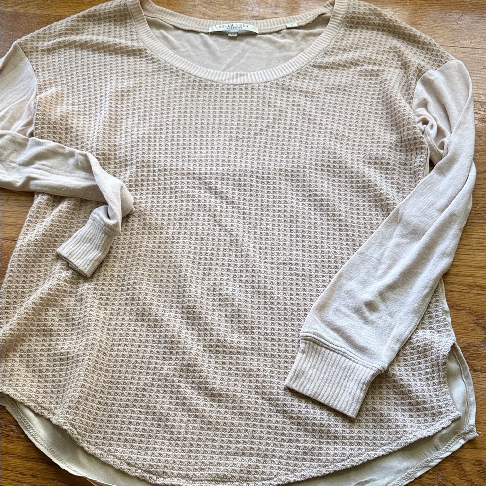 Bella Luxx Casual Cream Waffle Knit front Long-Sleeve Top